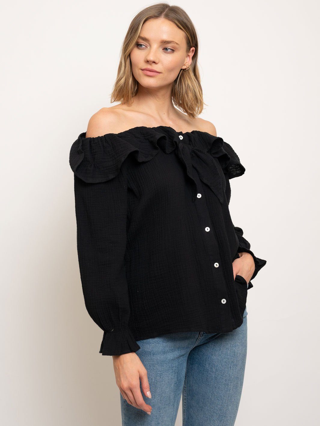 WOMEN'S OFF SHOULDER BUTTON DOWN FRONT TIE TOP
