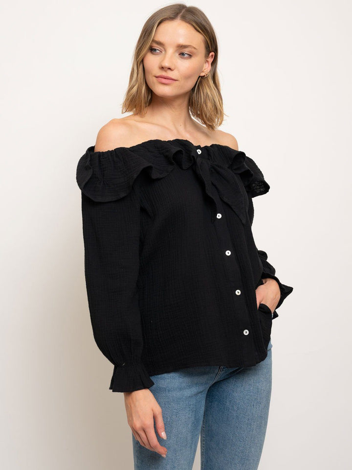 WOMEN'S OFF SHOULDER BUTTON DOWN FRONT TIE TOP