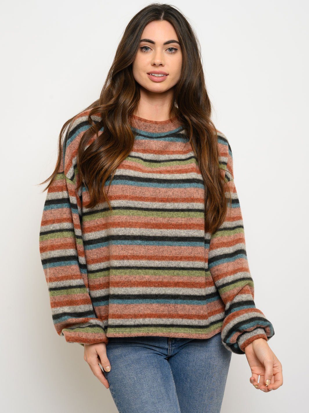 WOMEN'S BRUSHED STRIPES LONG SLEEVE TOP