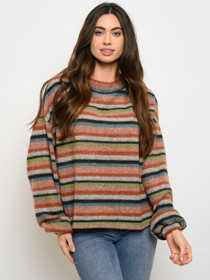 WOMEN'S BRUSHED STRIPES LONG SLEEVE TOP