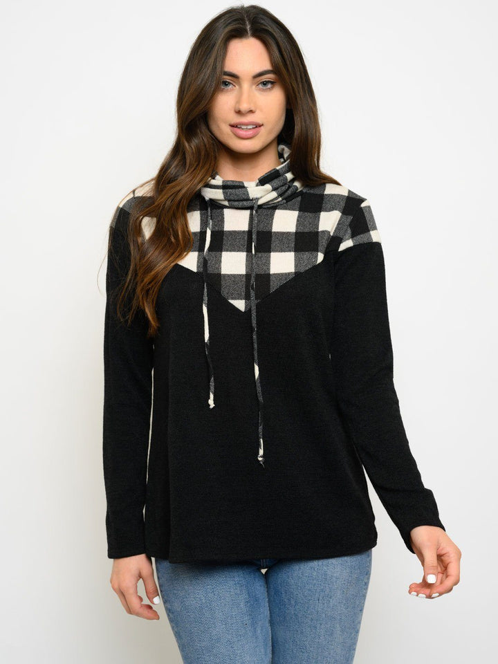 WOMEN'S TURTLE NECK LONG SLEEVE PLAID TOP