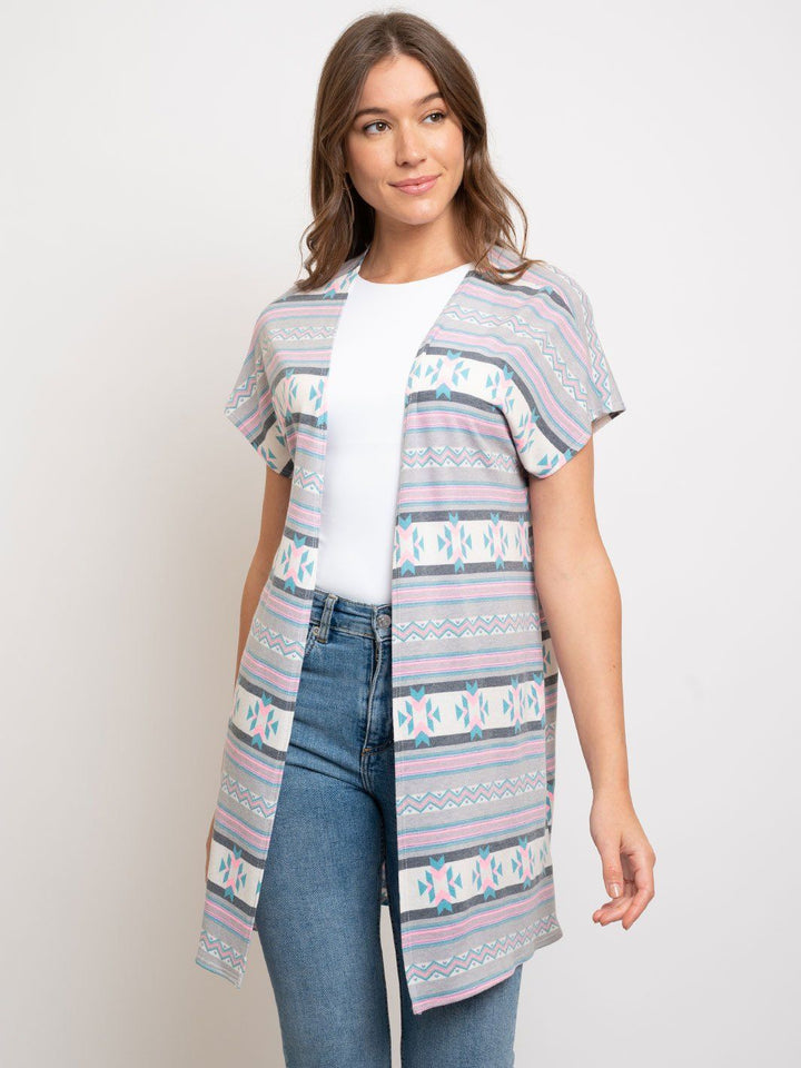 WOMEN'S BASIC SHORT SLEEVE MULTI PRINT CARDIGAN