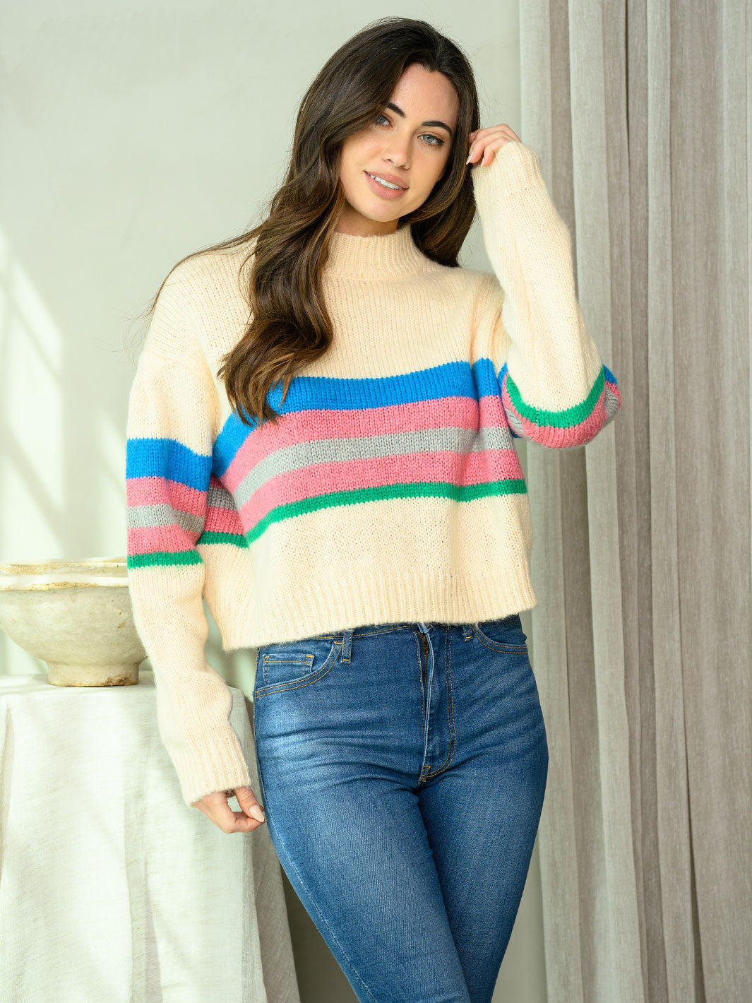 WOMEN'S LONG SLEEVE MULTI COLOR PRINT SWEATER