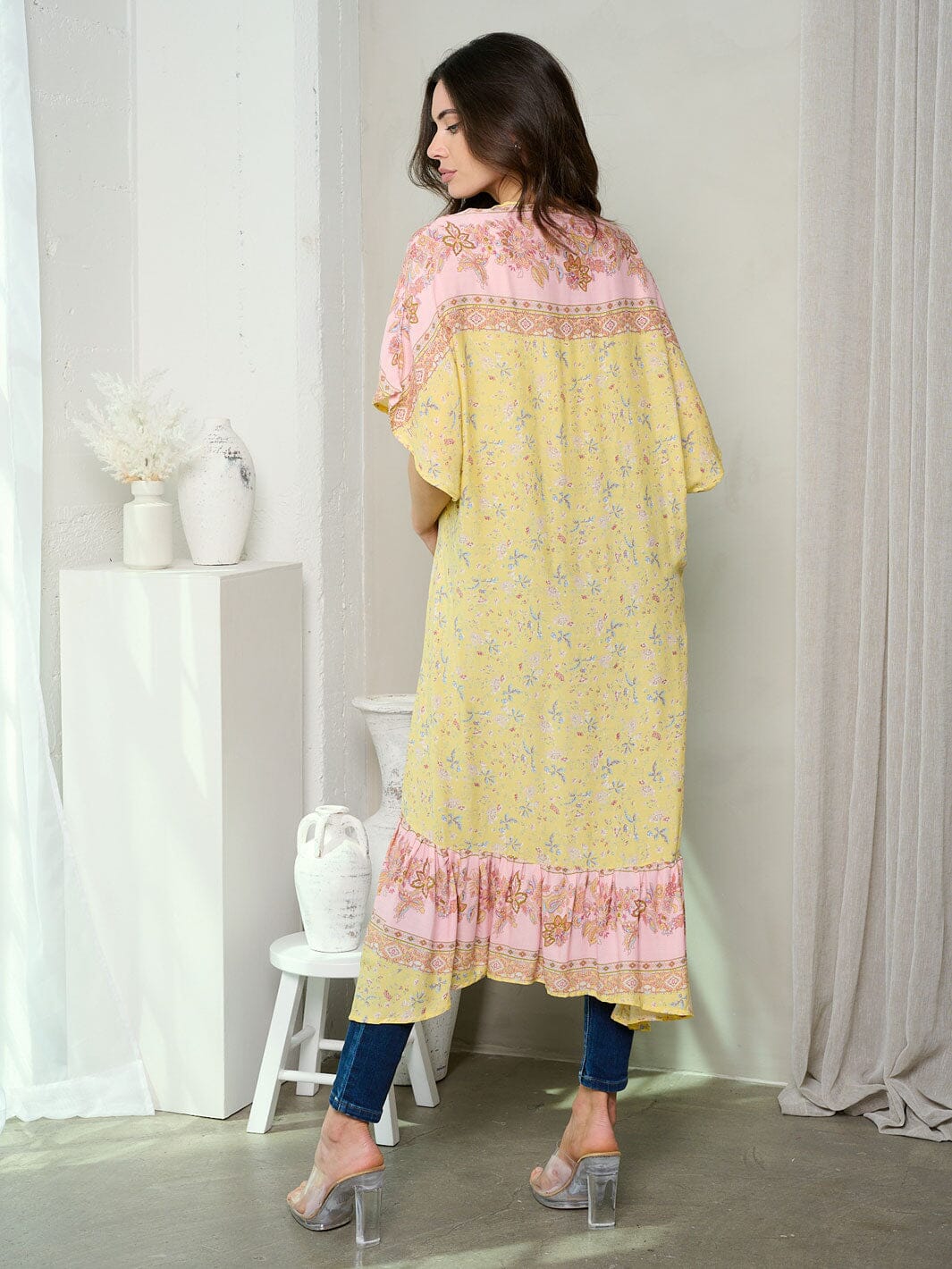 WOMEN'S SHORT SLEEVE RUFFLE FLORAL CARDIGAN