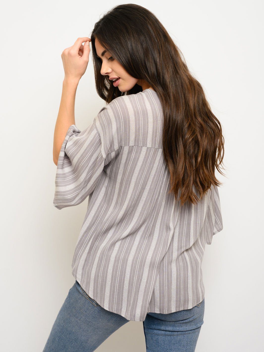 WOMEN'S BOHO STRIP SURPLICE 3/4 SLEEVE TOP