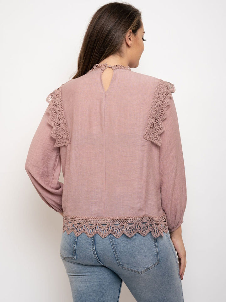 PLUS SIZE LACE TRIM LONG SLEEVE TOP