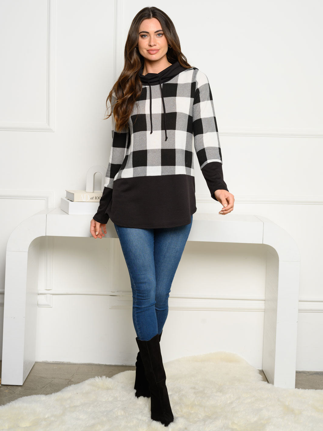 WOMEN'S HACCI BRUSHED PLAID COWL NECK SWEATER