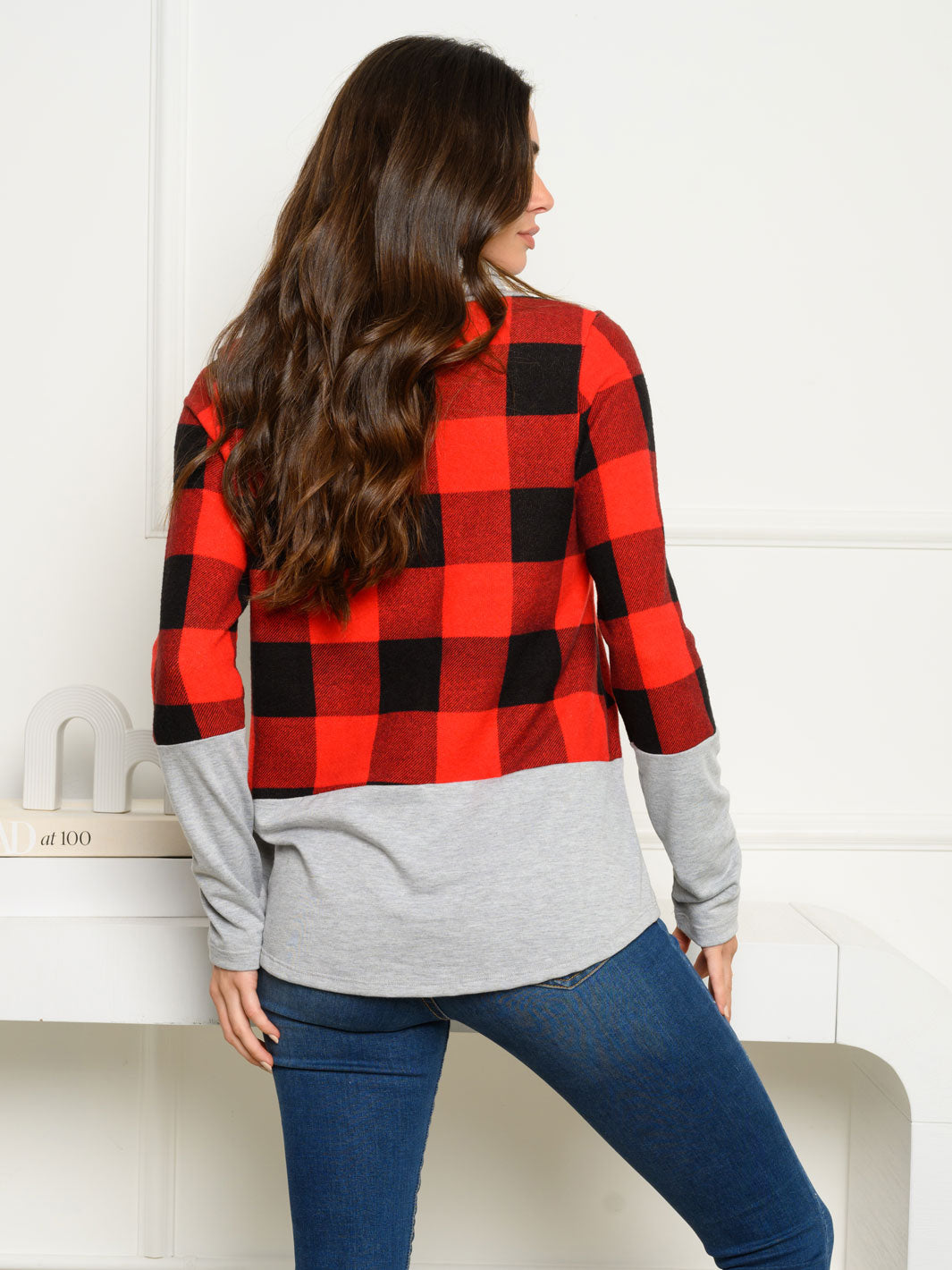 WOMEN'S HACCI BRUSHED PLAID COWL NECK SWEATER