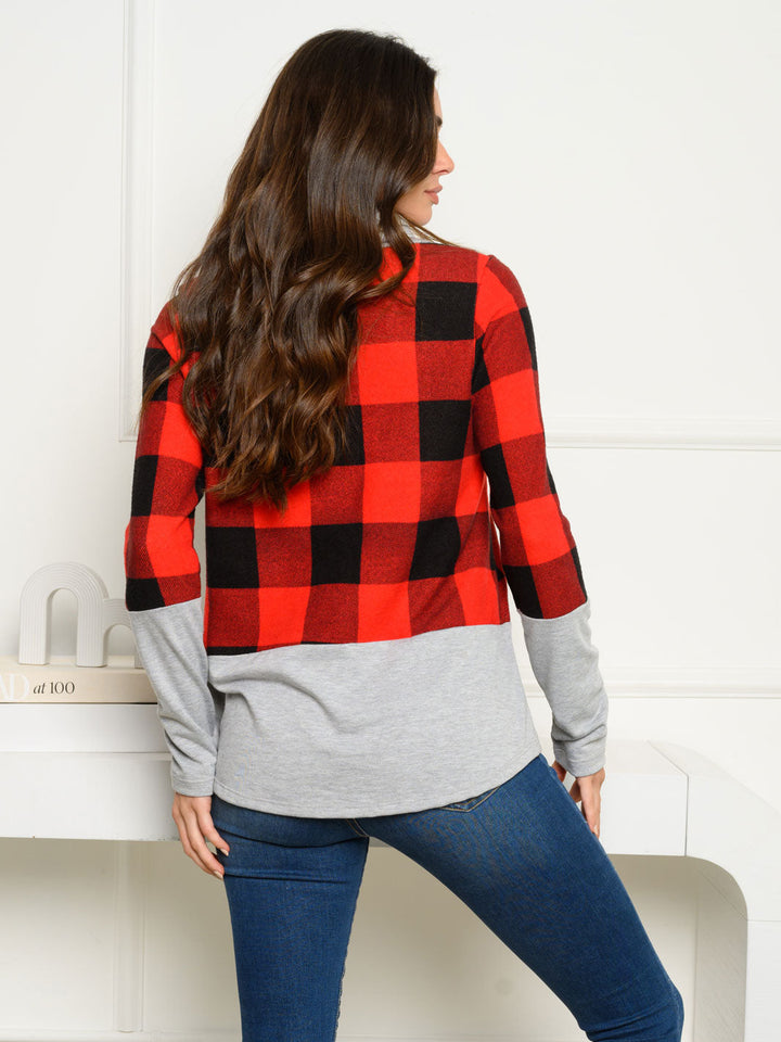 WOMEN'S HACCI BRUSHED PLAID COWL NECK SWEATER