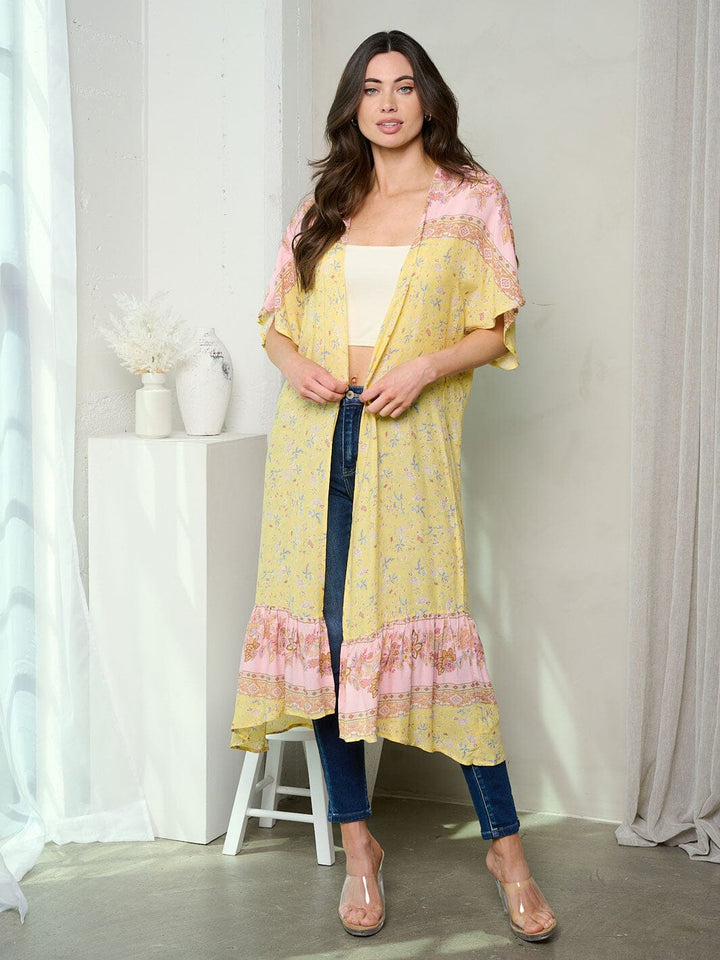 WOMEN'S SHORT SLEEVE RUFFLE FLORAL CARDIGAN