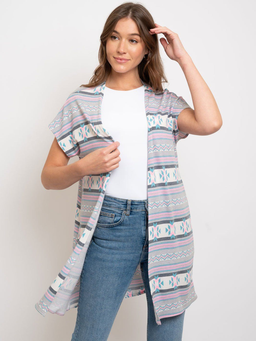 WOMEN'S BASIC SHORT SLEEVE MULTI PRINT CARDIGAN