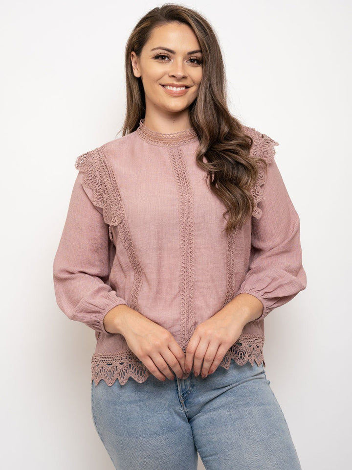 PLUS SIZE LACE TRIM LONG SLEEVE TOP