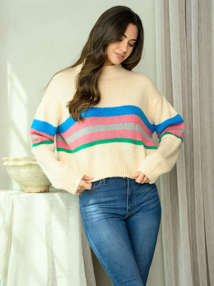 WOMEN'S LONG SLEEVE MULTI COLOR PRINT SWEATER
