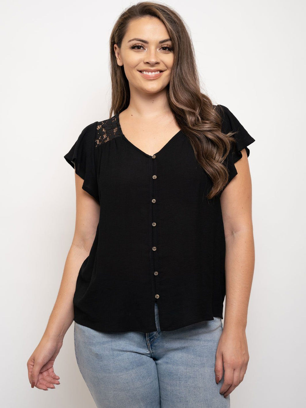 PLUS SIZE LACE BUTTON UP RUFFLE SLEEVE TOP