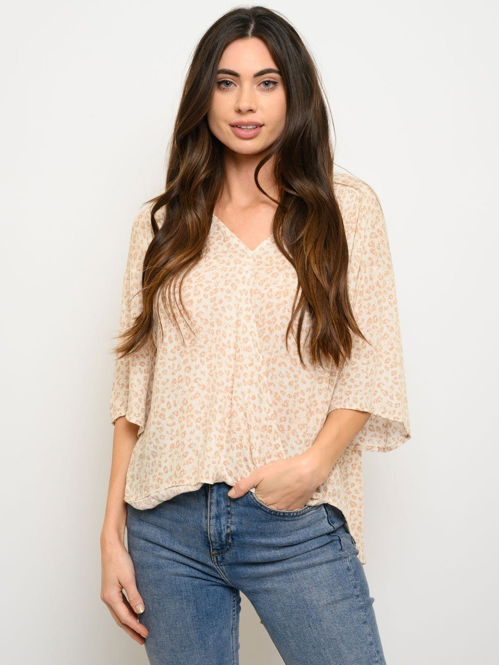 WOMEN'S ANIMAL PRINT SURPLICE 3/4 SLEEVE TOP