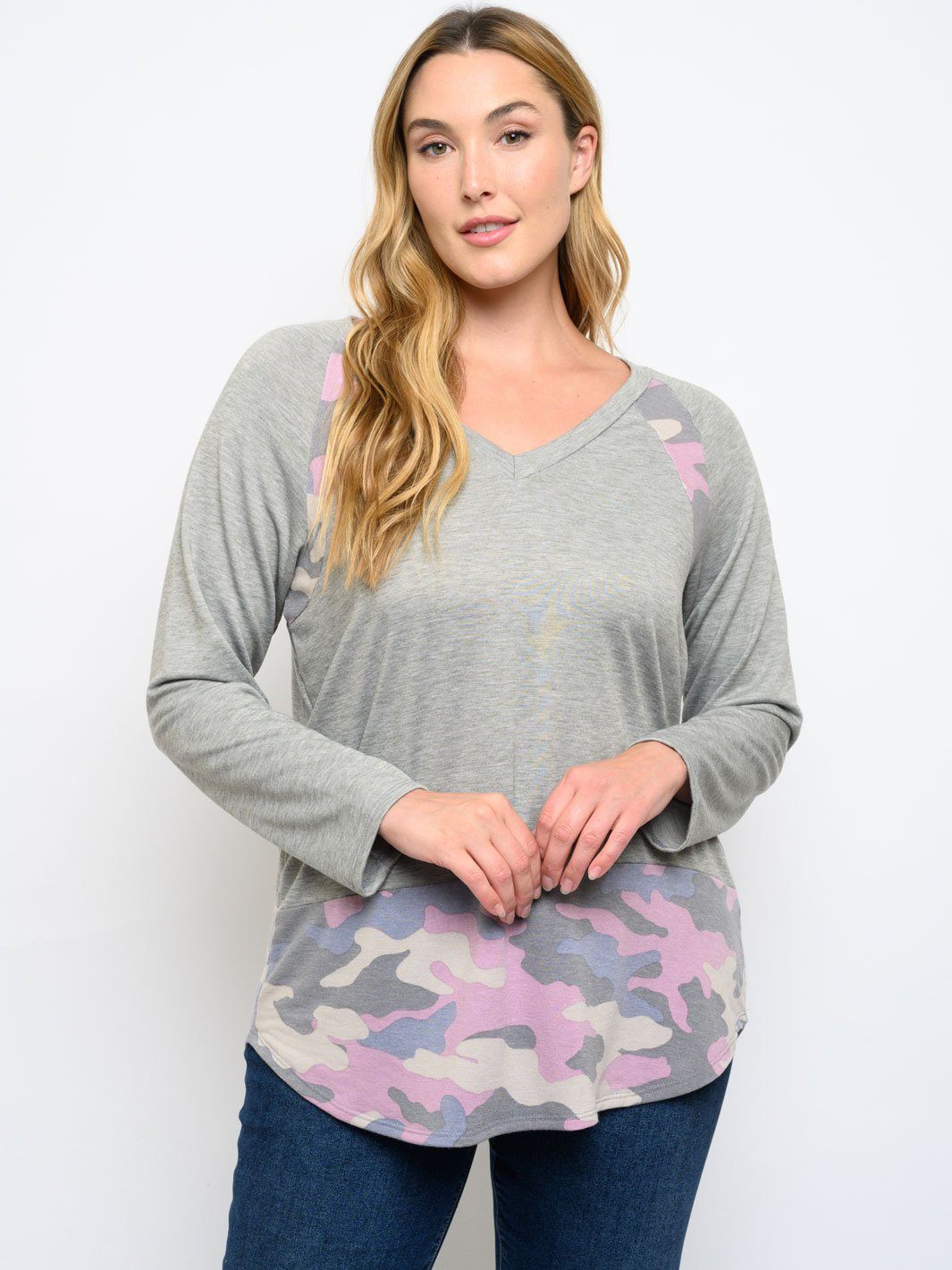 PLUS SIZE CAMO PRINT LONG SLEEVE TOP