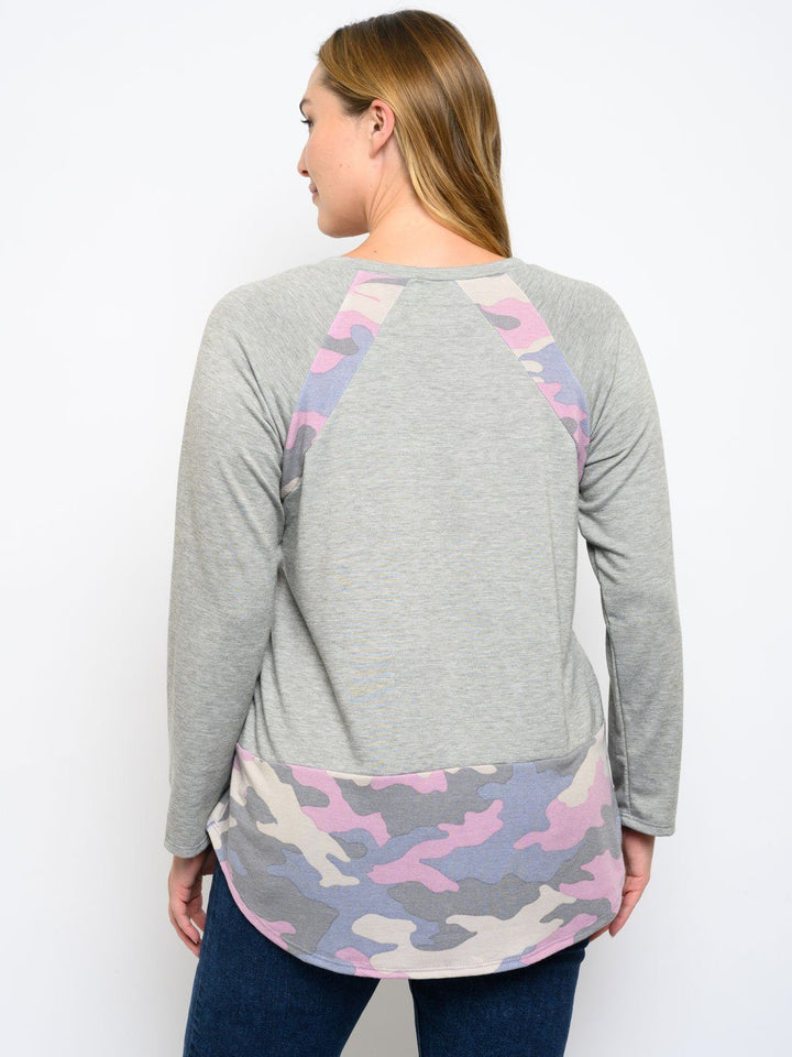 PLUS SIZE CAMO PRINT LONG SLEEVE TOP
