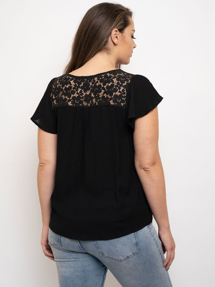 PLUS SIZE LACE BUTTON UP RUFFLE SLEEVE TOP