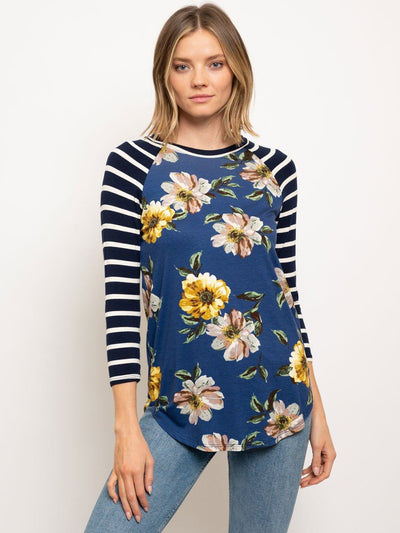 PLUS SIZE BASEBALL TEE 3/4 SLEEVE STRIPES FLORAL BODY TOP
