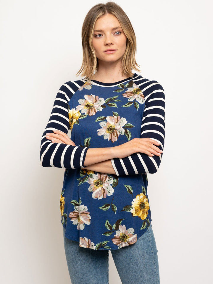 PLUS SIZE BASEBALL TEE 3/4 SLEEVE STRIPES FLORAL BODY TOP