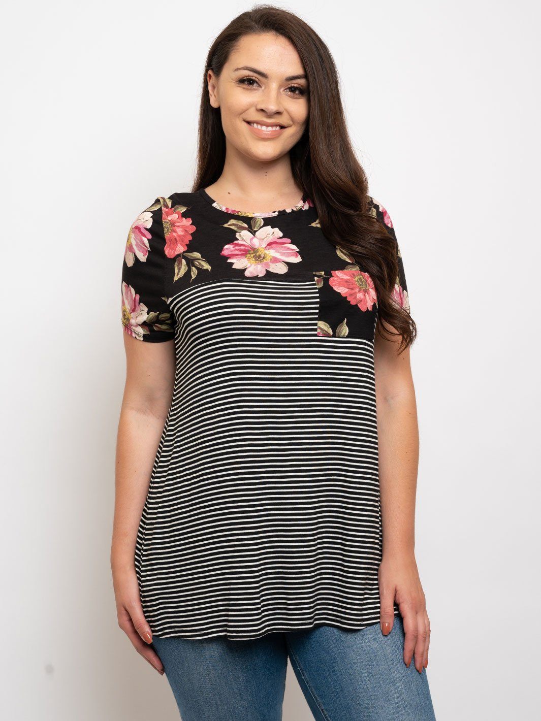 PLUS SIZE FLORAL STRIPE POCKET TUNIC TOP
