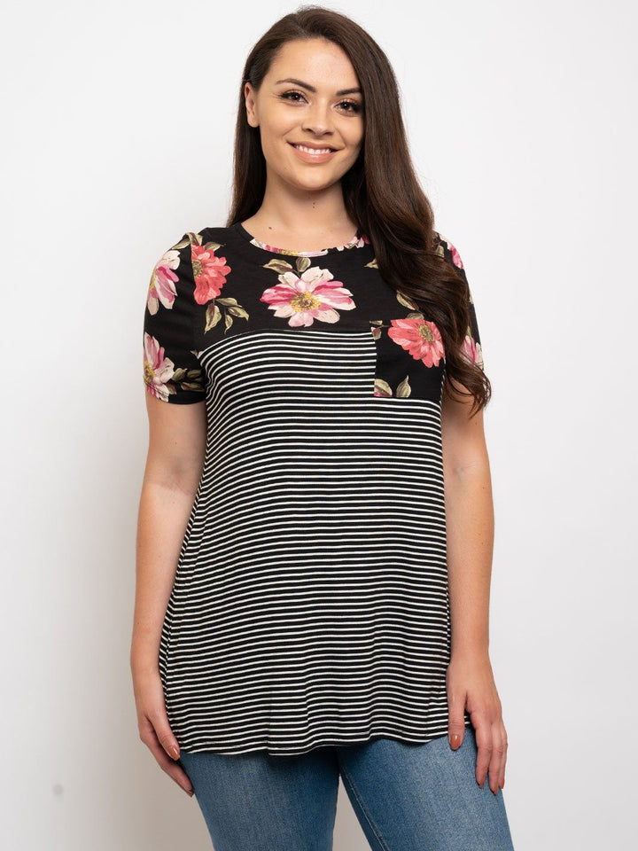 PLUS SIZE FLORAL STRIPE POCKET TUNIC TOP
