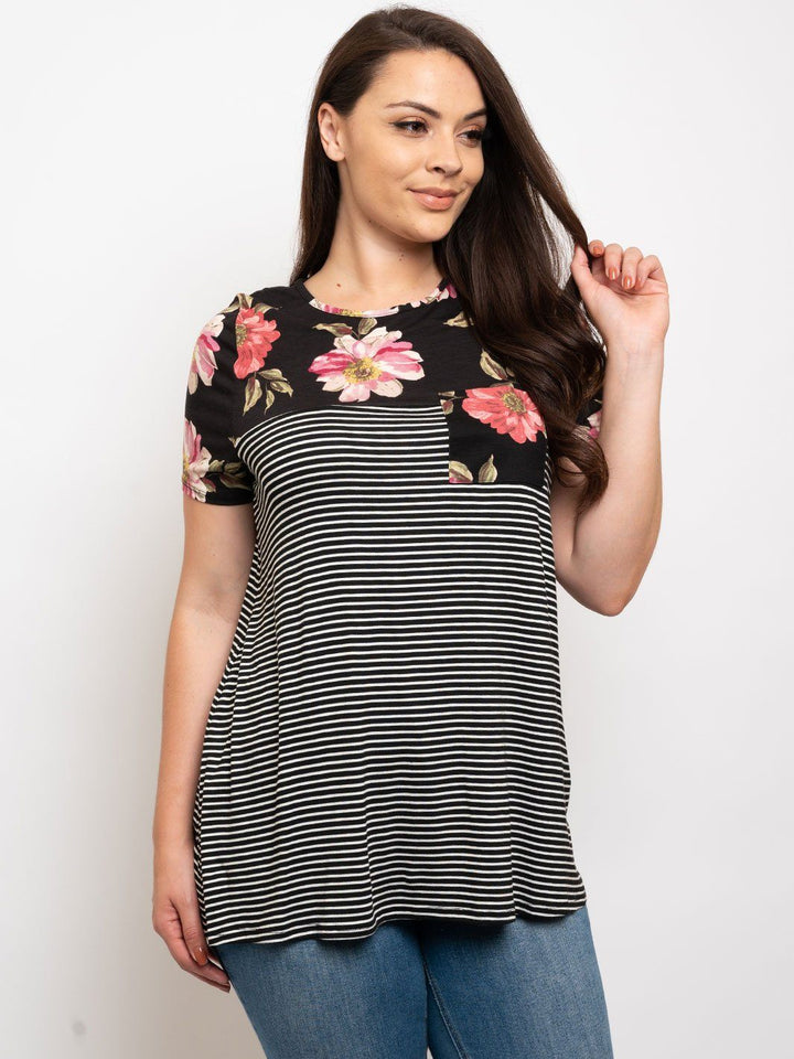 PLUS SIZE FLORAL STRIPE POCKET TUNIC TOP