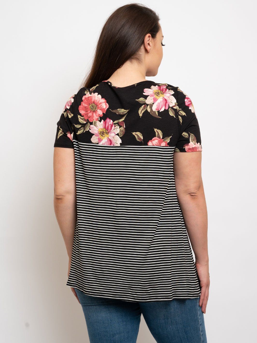 PLUS SIZE FLORAL STRIPE POCKET TUNIC TOP