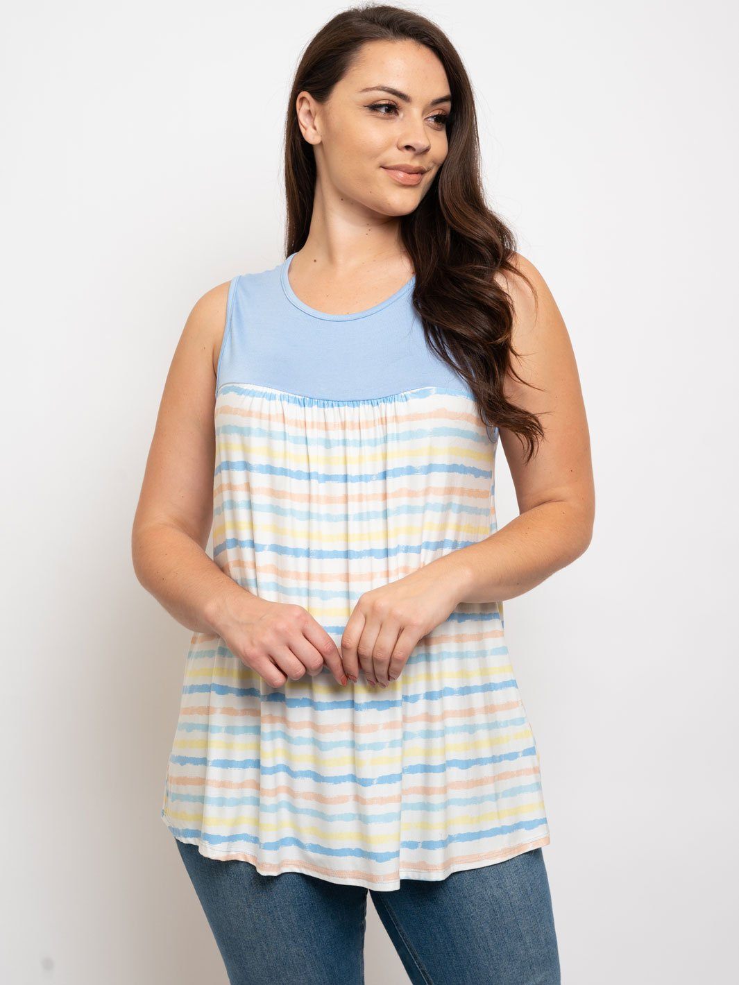 PLUS SIZE MULTICOLOR STRIPES SLEEVELESS TUNIC TOP