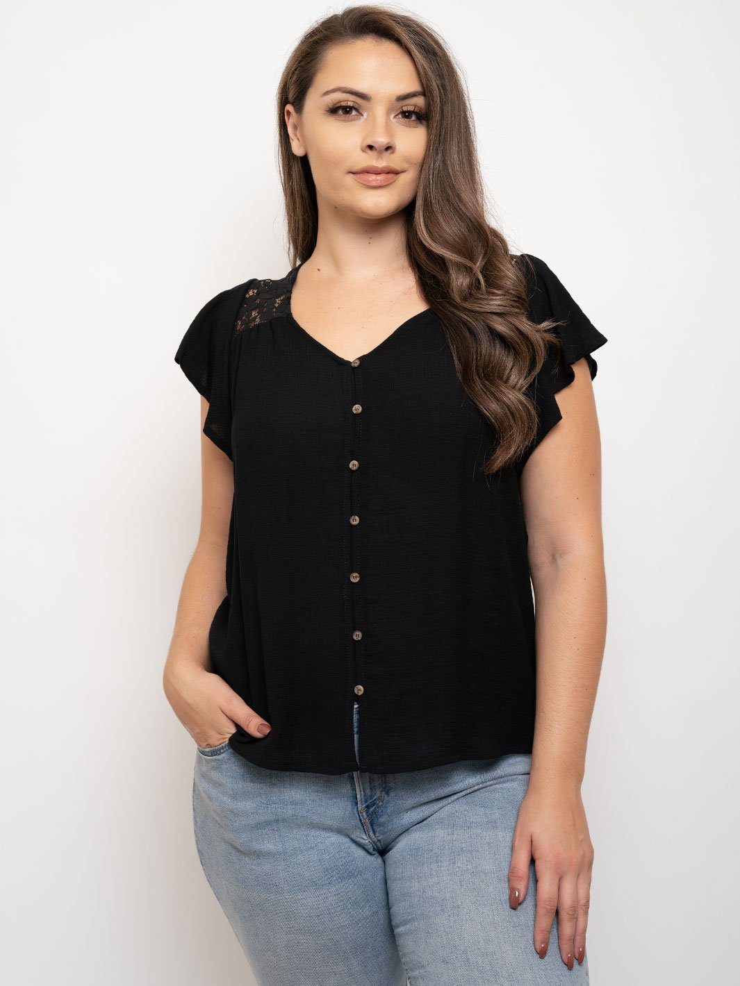 PLUS SIZE LACE BUTTON UP RUFFLE SLEEVE TOP