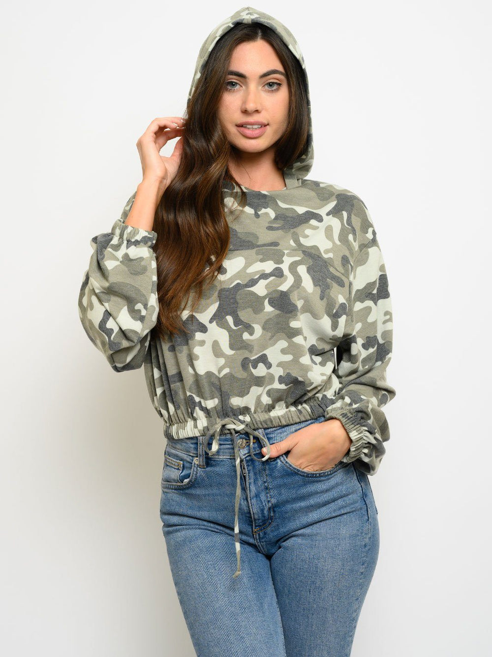 WOMEN'S LONG SLEEVE TRIM SELF TIE CAMO HOODIE TOP