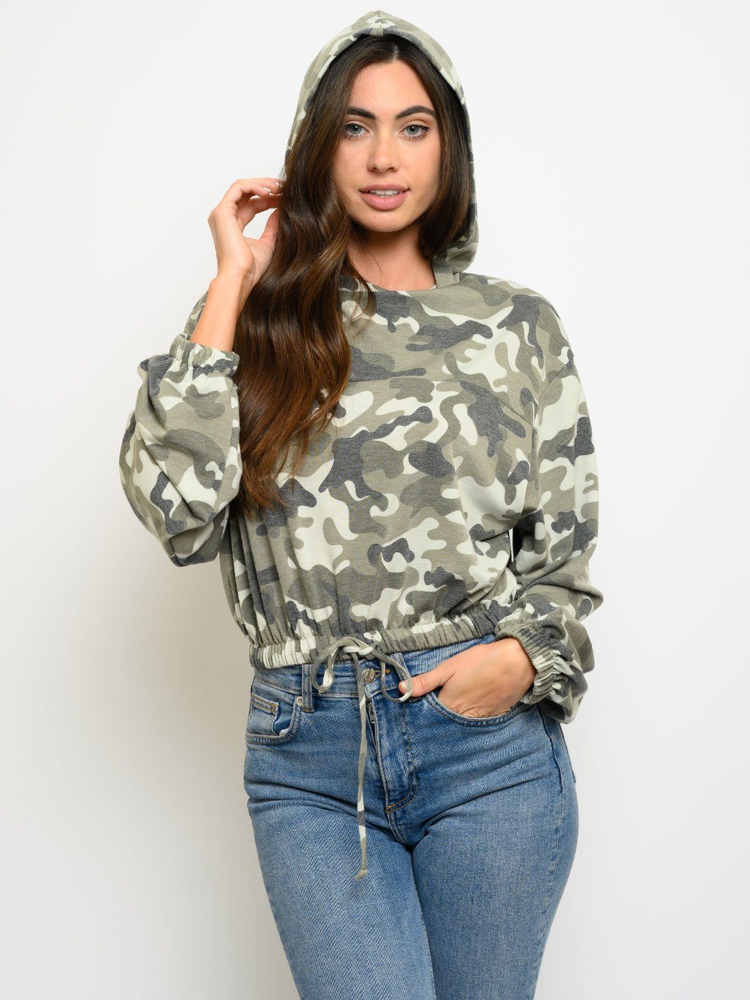 WOMEN'S LONG SLEEVE TRIM SELF TIE CAMO HOODIE TOP