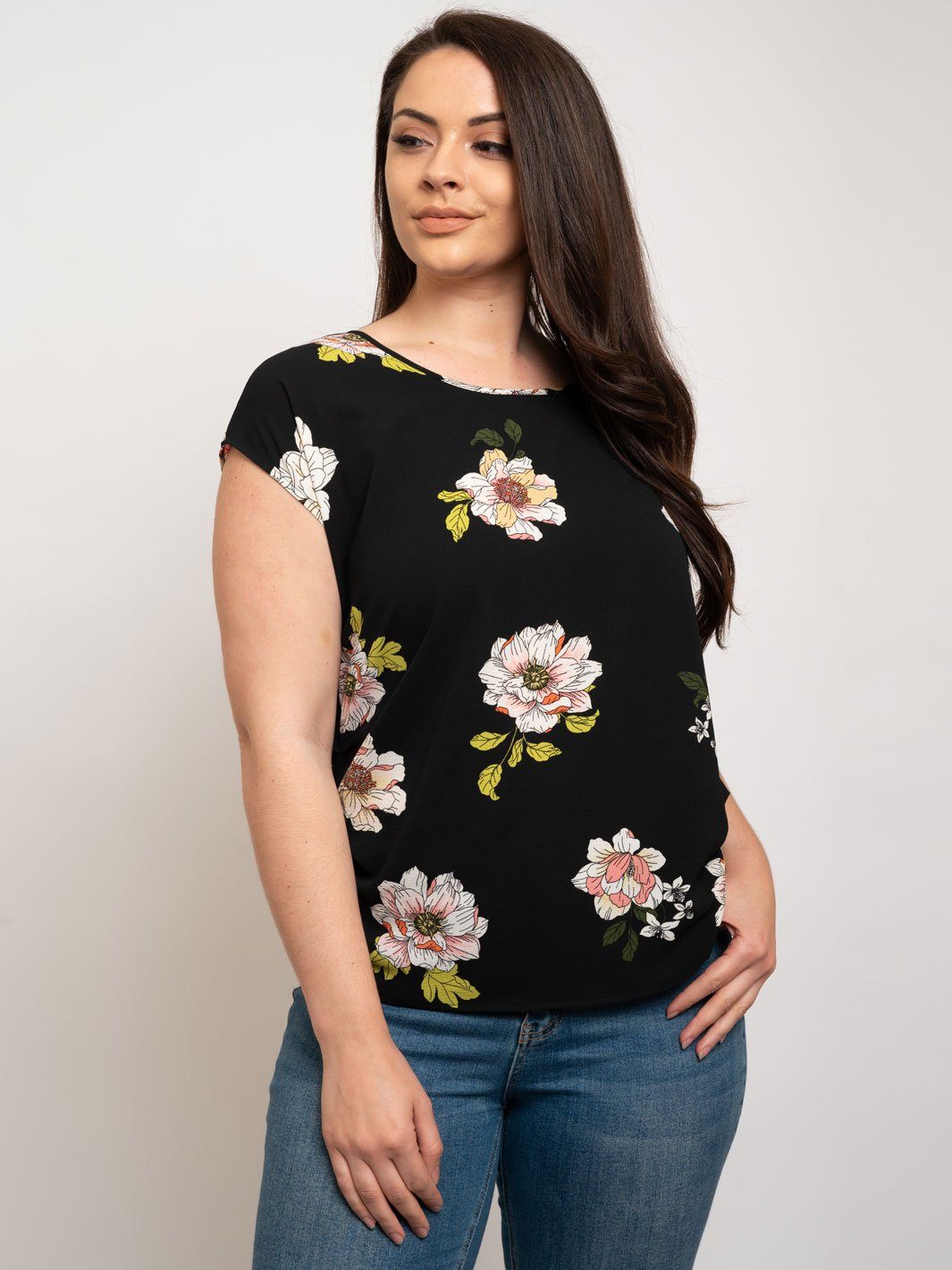 PLUS SIZE FLORAL PRINT PICK TUCK KOSHIBO TOP