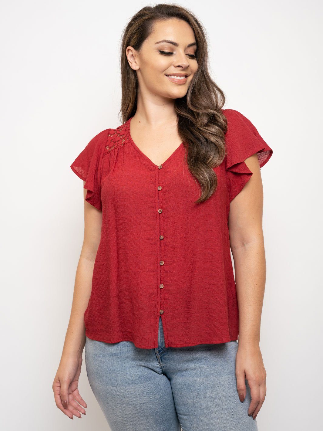PLUS SIZE LACE BUTTON UP RUFFLE SLEEVE TOP
