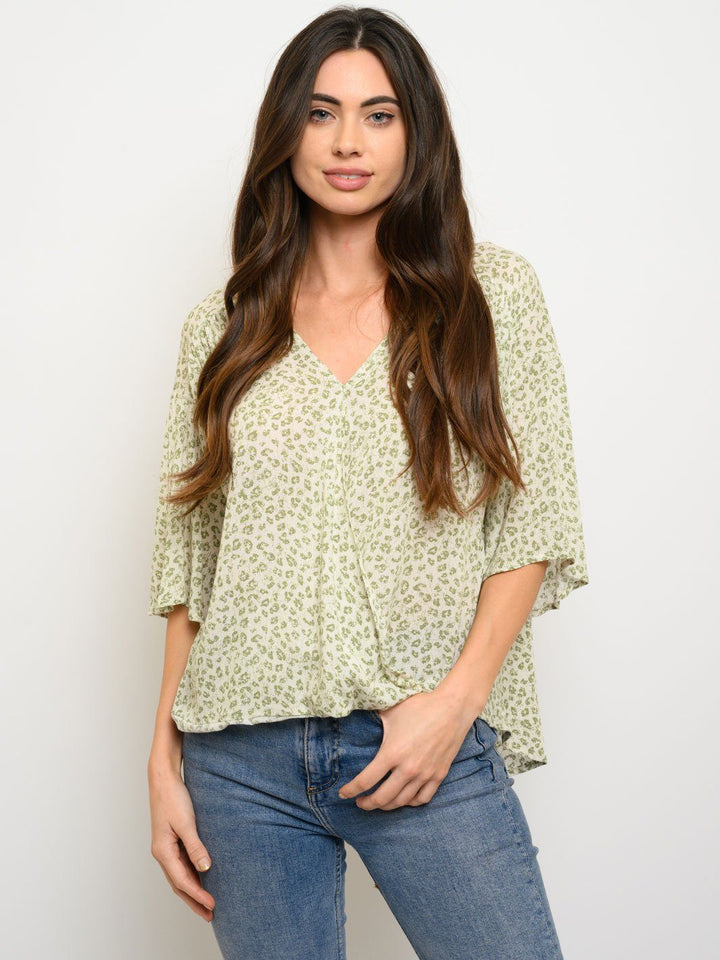 WOMEN'S ANIMAL PRINT SURPLICE 3/4 SLEEVE TOP