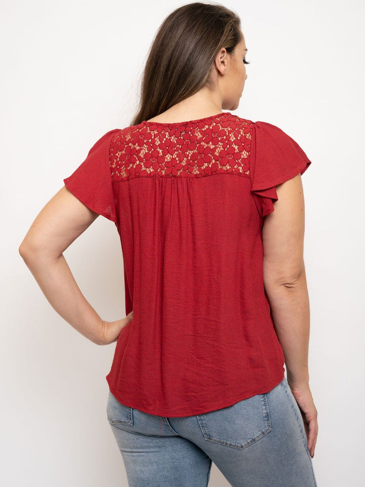 PLUS SIZE LACE BUTTON UP RUFFLE SLEEVE TOP