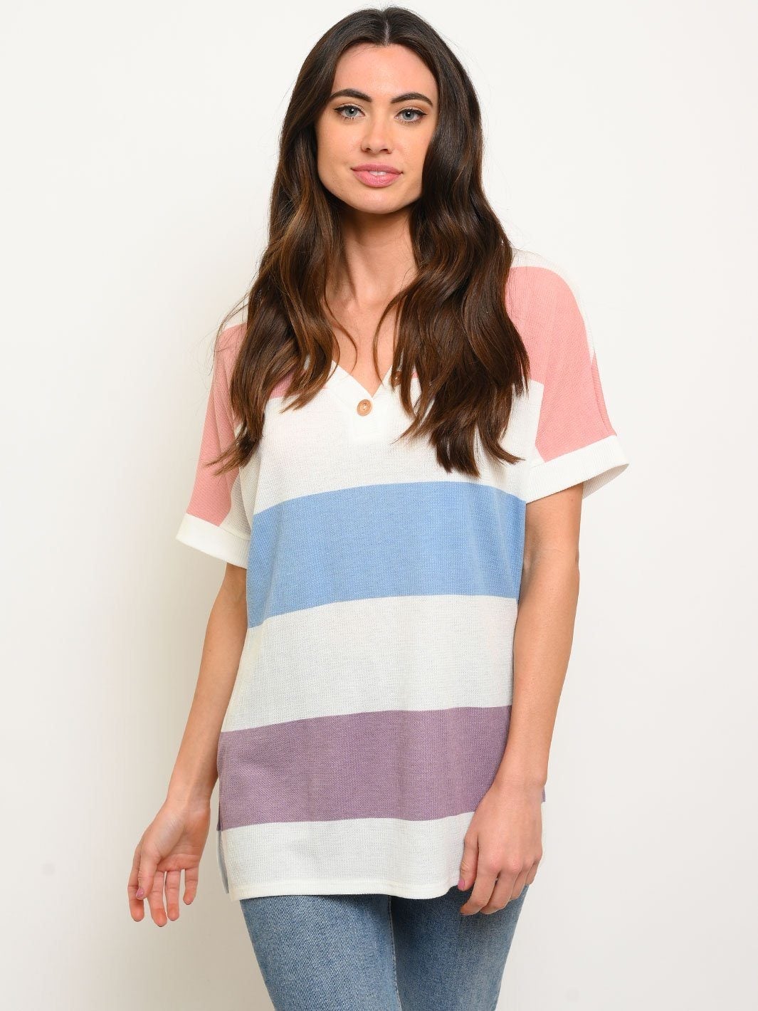 WOMEN'S THERMO STRIPE MULTICOLOR V-NECK TUNIC BUTTONS TOP