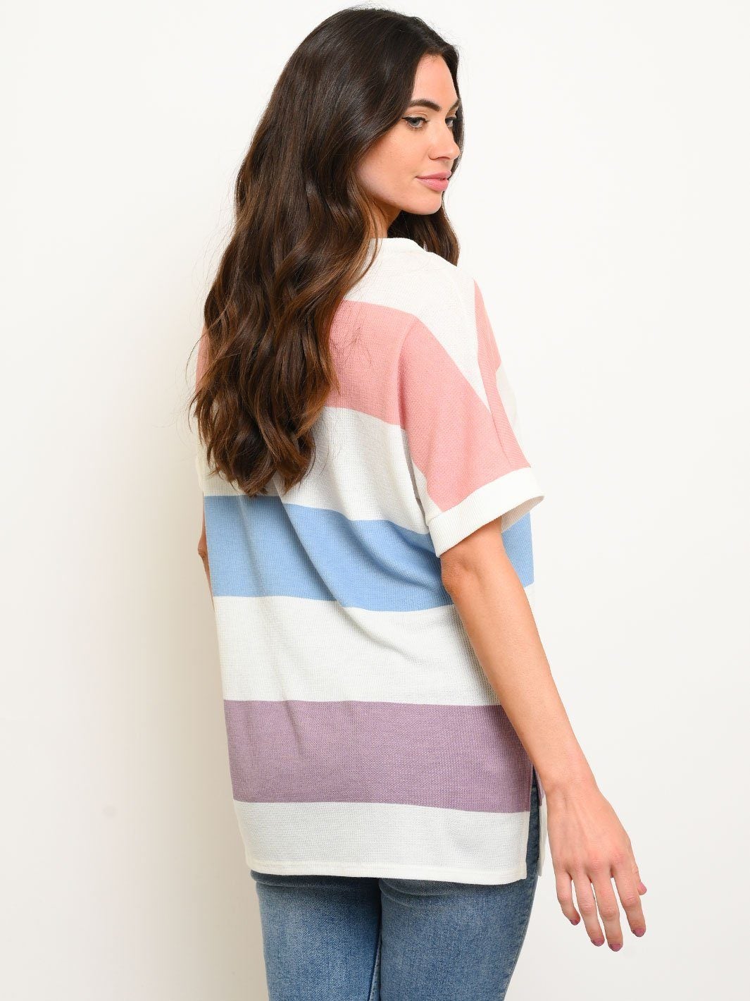 WOMEN'S THERMO STRIPE MULTICOLOR V-NECK TUNIC BUTTONS TOP