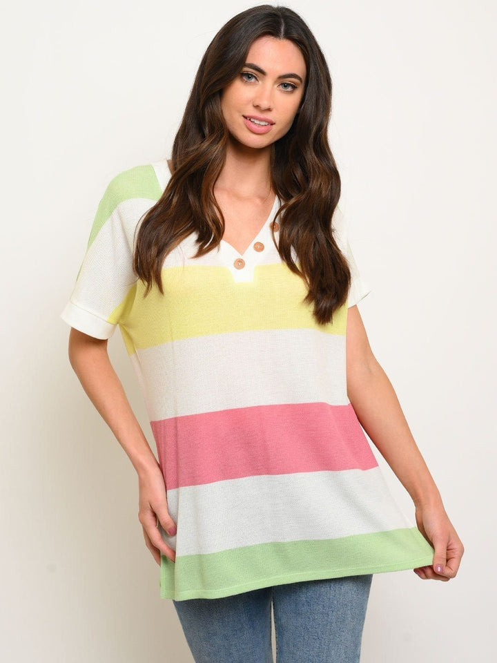 WOMEN'S THERMO STRIPE MULTICOLOR V-NECK TUNIC BUTTONS TOP