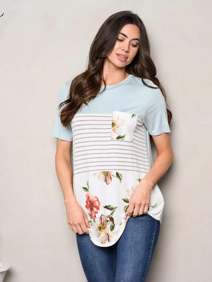 WOMEN'S SHORT SLEEVE COLORBLOCK FRONT POCKET TOP