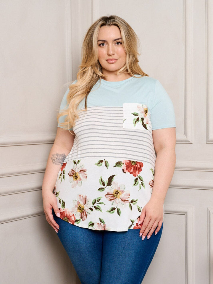 PLUS SIZE SHORT SLEEVE COLORBLOCK FRONT POCKET TOP