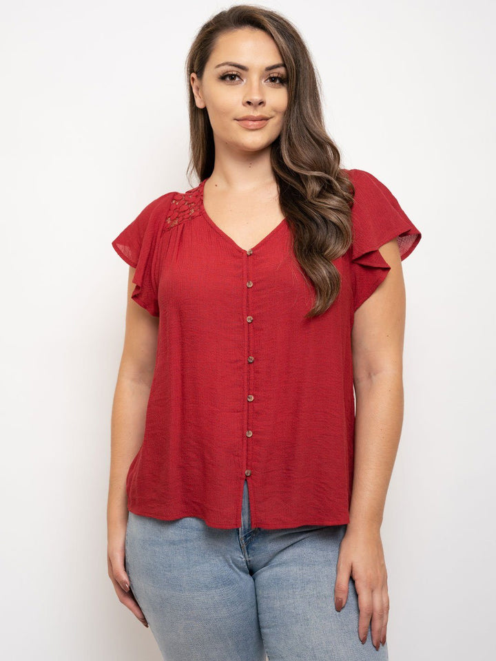 PLUS SIZE LACE BUTTON UP RUFFLE SLEEVE TOP