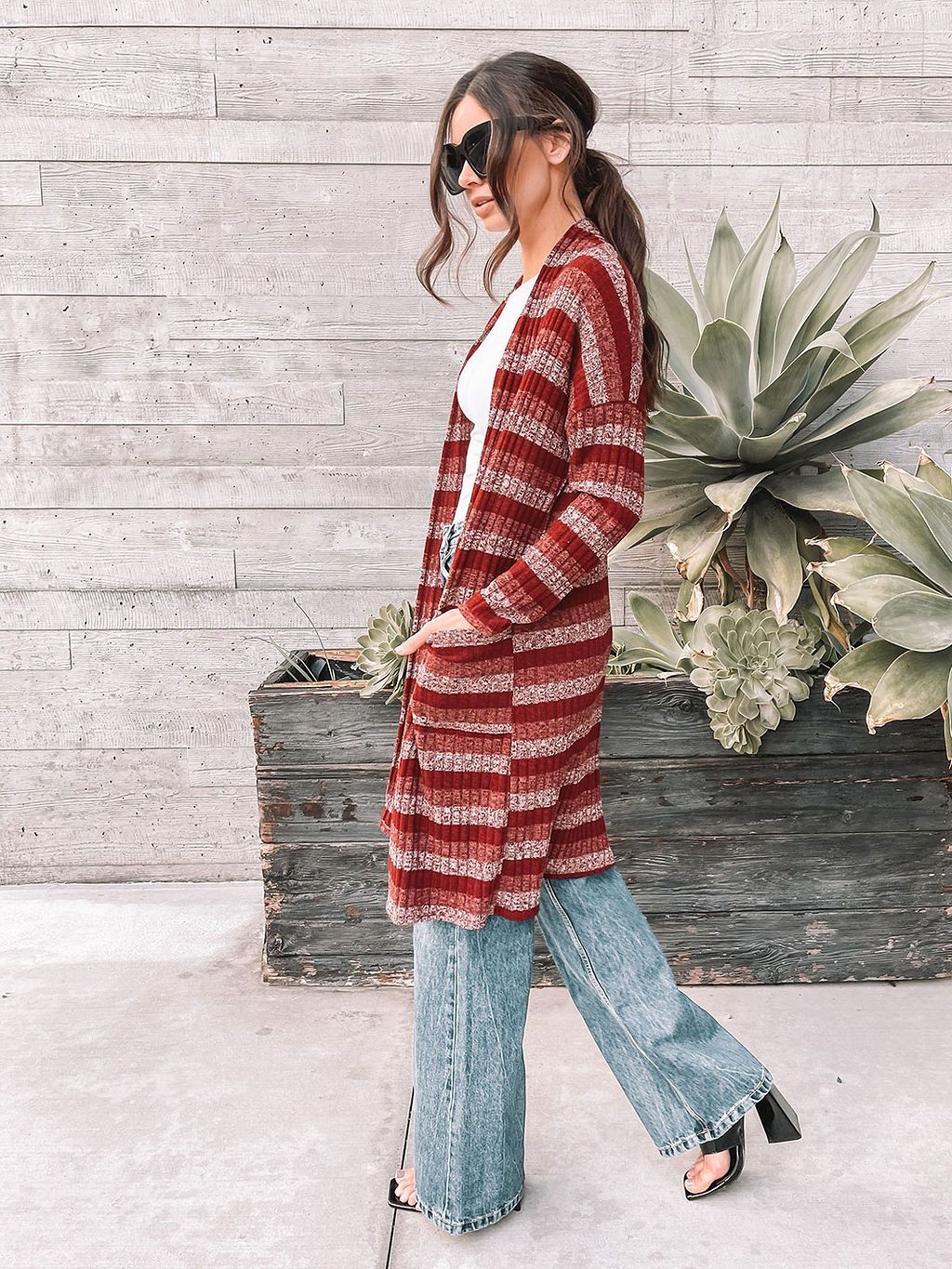 WOMEN'S 3/4 SLEEVES STRIPES POCKET LONG CARDIGAN