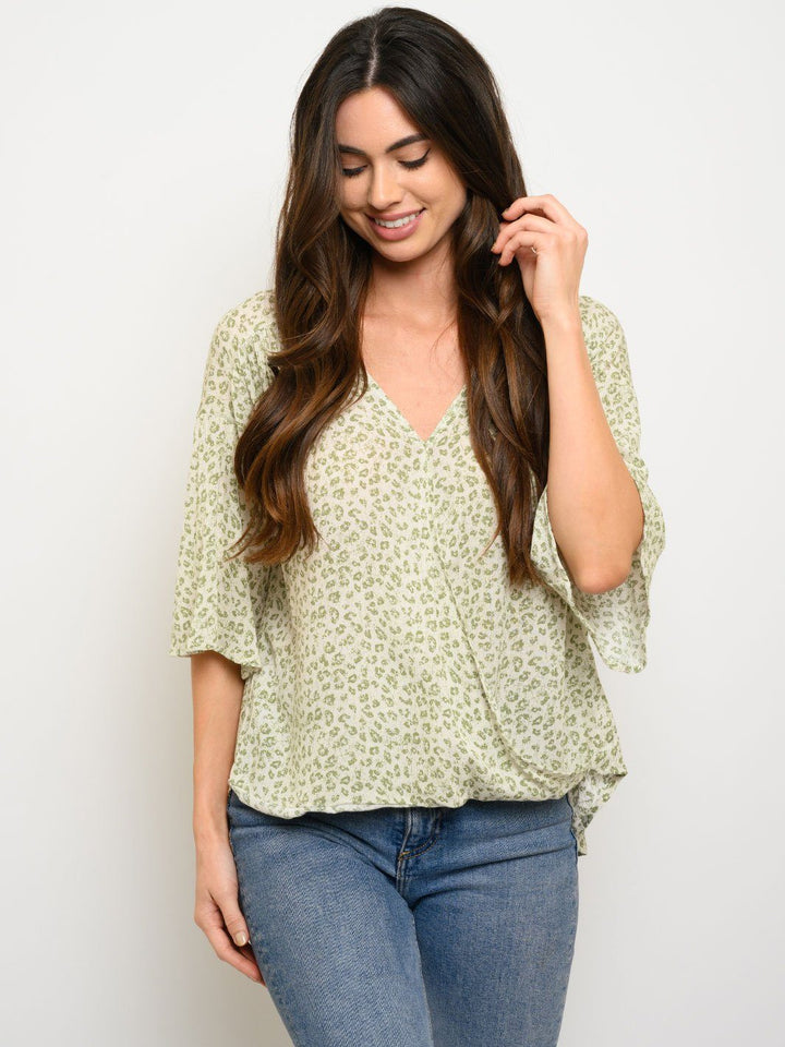 WOMEN'S ANIMAL PRINT SURPLICE 3/4 SLEEVE TOP
