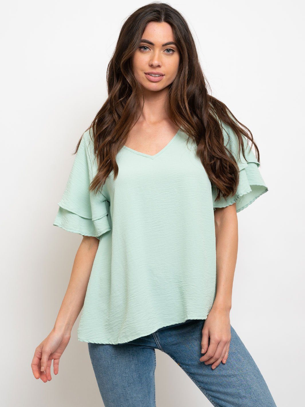 WOMEN'S RUFFLE SLEEVES LACE UP CROCHET BACK DETAIL TOP
