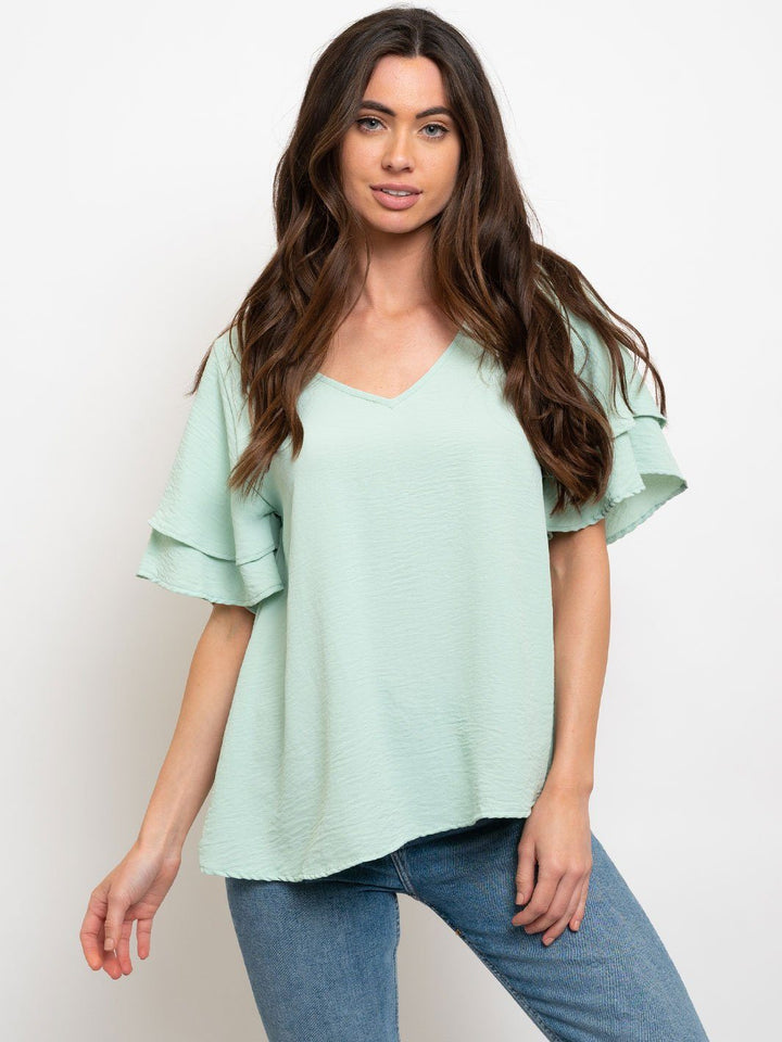 WOMEN'S RUFFLE SLEEVES LACE UP CROCHET BACK DETAIL TOP