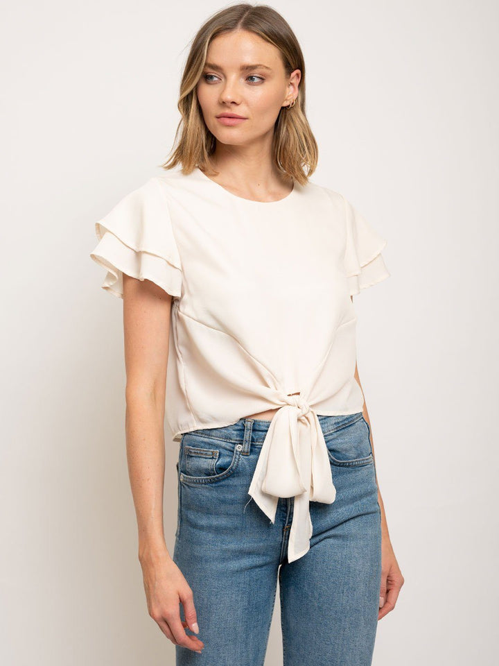 WOMEN'S FLUTTER DOUBLE SHORT SLEEVE FRONT TIE TOP