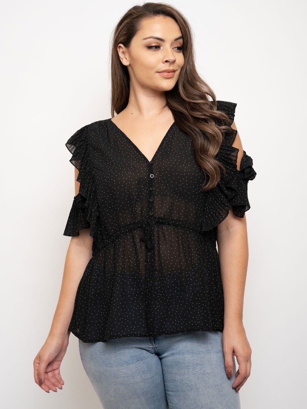 PLUS SIZE COLD SHOULDER PLEATED RUFFLE TOP