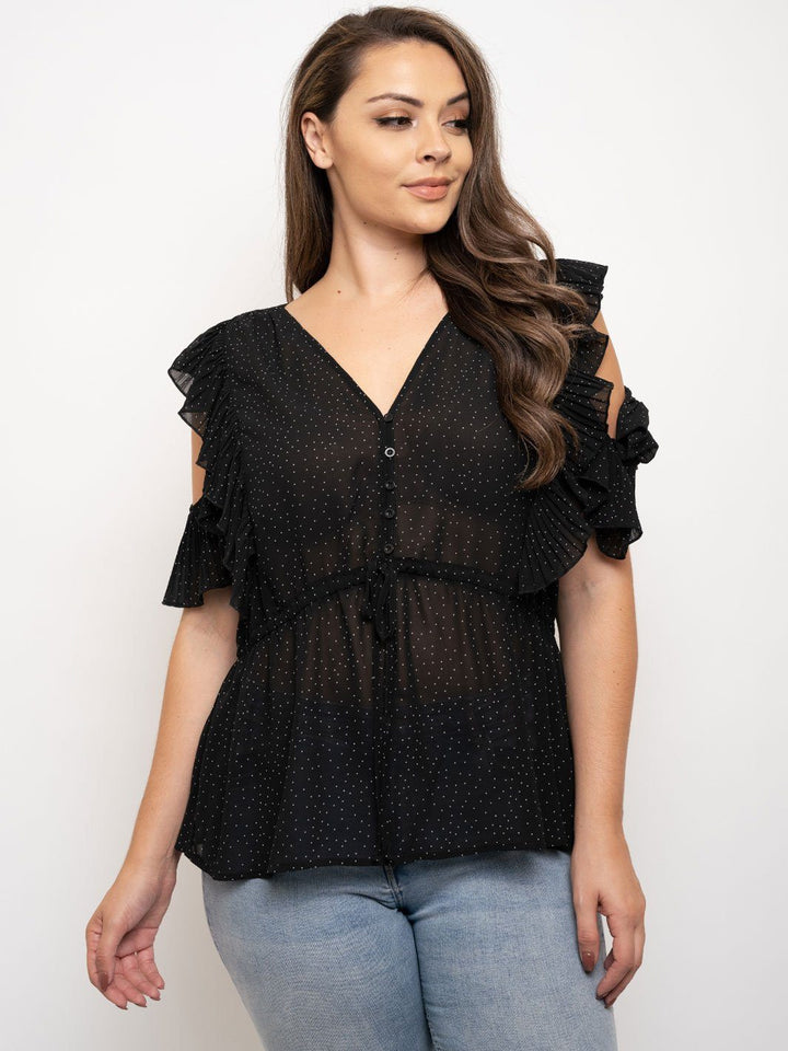 PLUS SIZE COLD SHOULDER PLEATED RUFFLE TOP