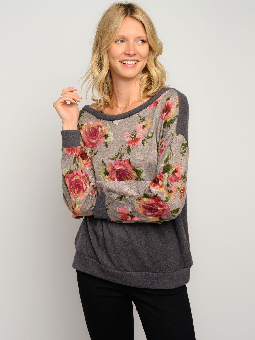 WOMEN'S LONG SLEEVE FLORAL COLOR BLOCK TOP